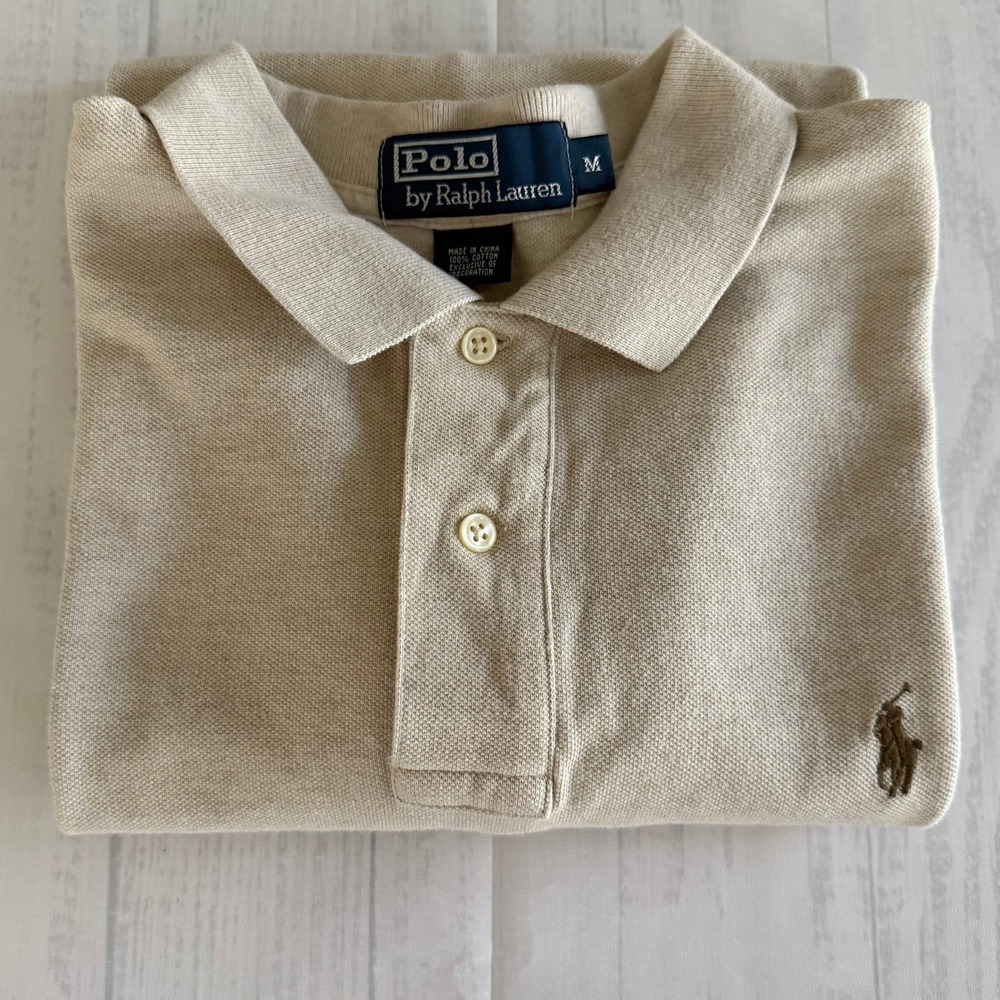 Polo Ralph Lauren Mens Medium Tan Beige Short Sleeve Pique Pony Logo Polo Shirt